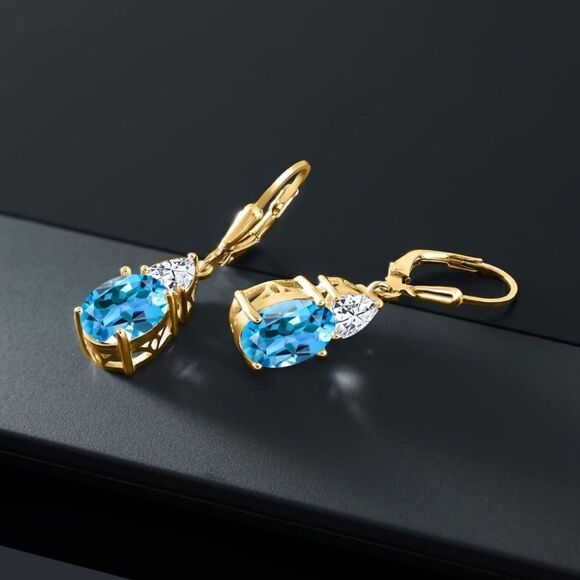 Amazon.com: Gem Stone King 14K Yellow Gold Swiss Blue Topaz  18K Yellow Gold with 7.34 Cttw Swiss Blue Topaz and Moissanite Drop Earrings
